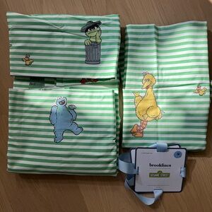 Brooklinen Queen Flat Sheet + 1 Standard Pillowcase, New, Green Stripe Print